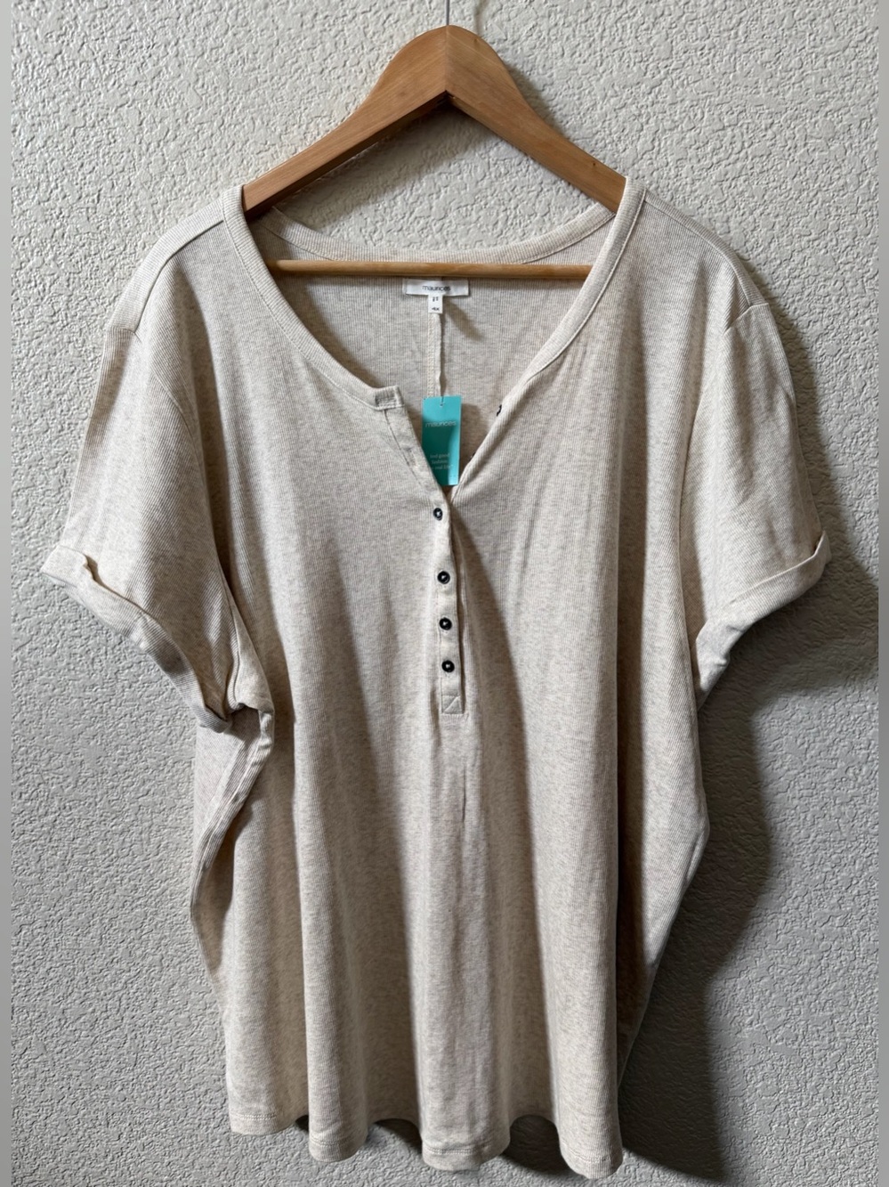 Maurices Women's 4X Oatmeal Heather Ribbed Henley Cuffed Short Sleeve $24.99